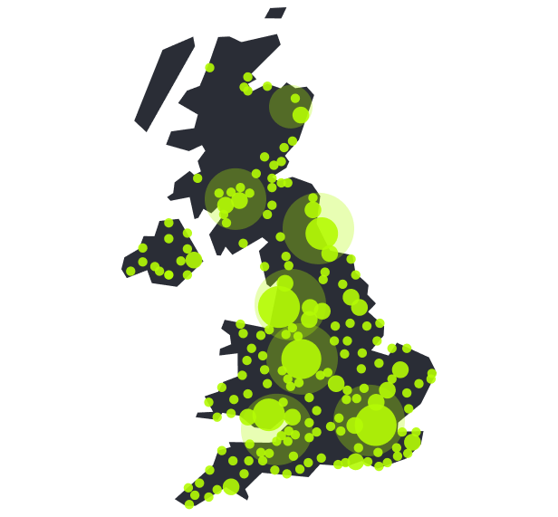 A heatmap showing the location of Hussle venues around the UK